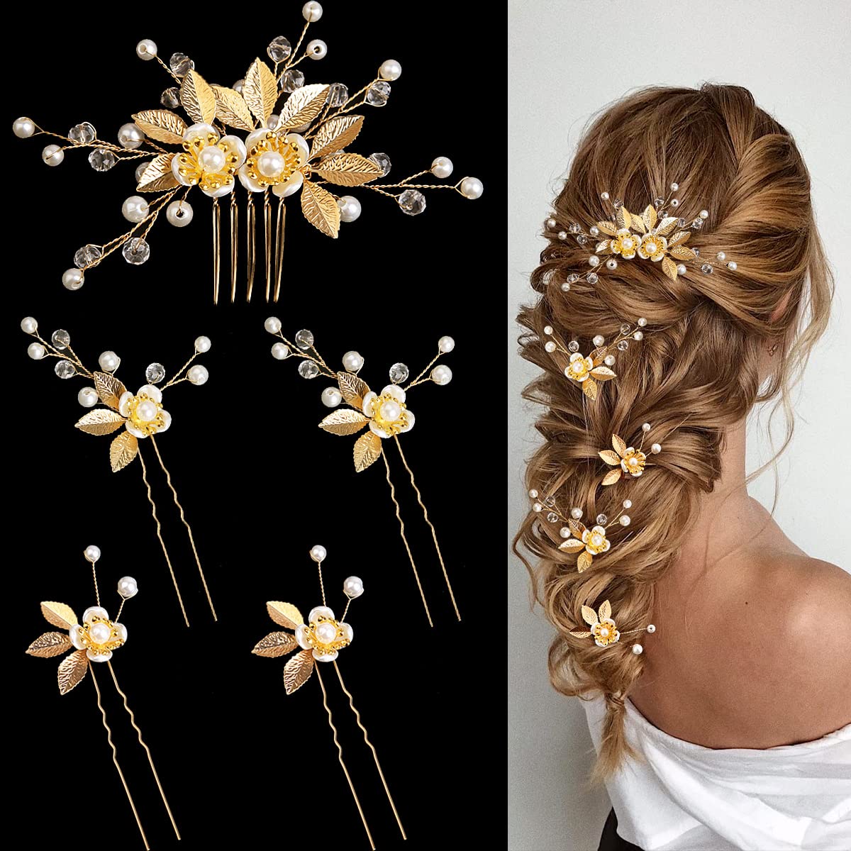 MAYCREATE® 5 Pieces Gold Leaf Hair Pins Flower Pearl Hair Forks MAYCREATE® 5 Pieces Gold Leaf Hair Pins Flower Pearl Hair Forks